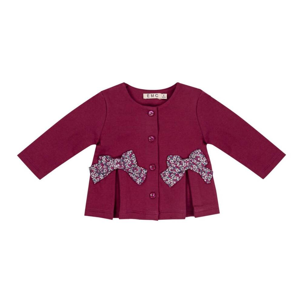 NEW EMC girl's cardigan with button front and bow detailing in burgundy